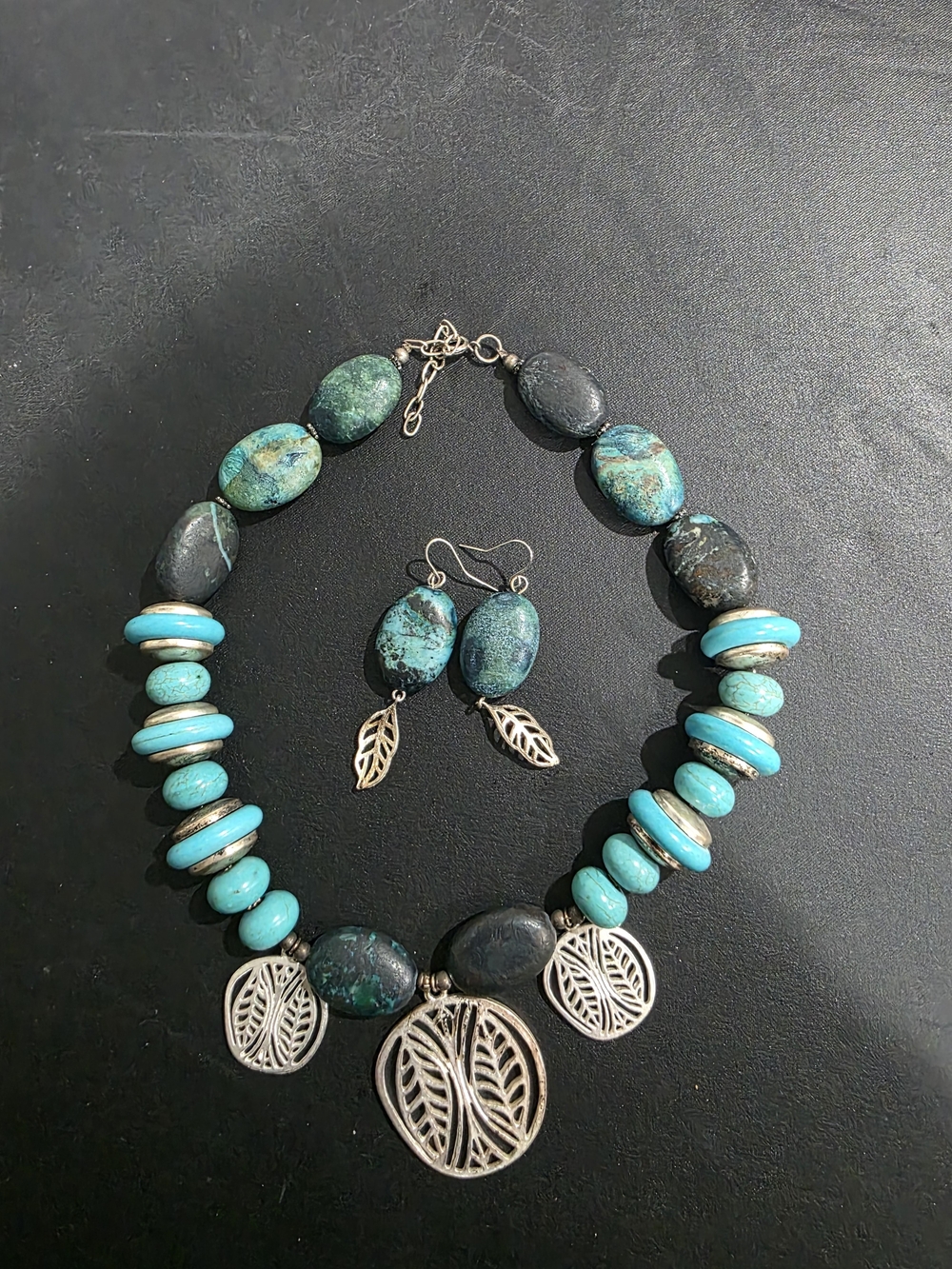 Turquoise and Teal Stone Necklace with Silver Leaf Pendants